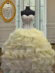 Light Yellow Organza Lace Up Sweetheart Sleeveless Floor Length 15 Quinceanera Dress Beading and Ruffles