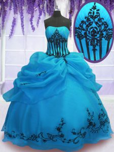 Blue Lace Up Strapless Embroidery Sweet 16 Dress Organza Sleeveless