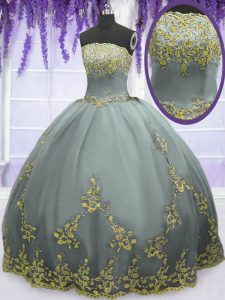 Charming Grey Quinceanera Dress Military Ball and Sweet 16 and Quinceanera with Appliques Strapless Sleeveless Zipper