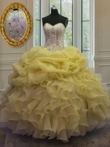 Extravagant Organza Sweetheart Sleeveless Lace Up Beading and Ruffles and Pick Ups Ball Gown Prom Dress in Gold
