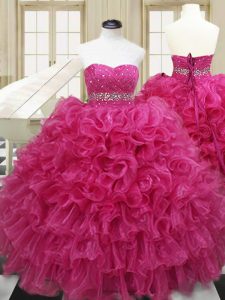 Designer Hot Pink 15th Birthday Dress Military Ball and Sweet 16 and Quinceanera with Beading and Ruffles Sweetheart Sleeveless Lace Up