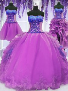 High Class Four Piece Sleeveless Floor Length Embroidery and Ruffles Lace Up Quinceanera Dresses with Purple
