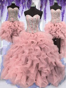 Four Piece Pink Sweetheart Neckline Ruffles and Sequins Sweet 16 Dress Sleeveless Lace Up