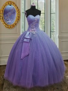 Tulle and Sequined Sweetheart Sleeveless Lace Up Beading and Ruching and Bowknot Quinceanera Gown in Lavender