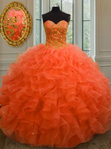 Orange Red Organza Lace Up 15th Birthday Dress Sleeveless Floor Length Beading and Ruffles