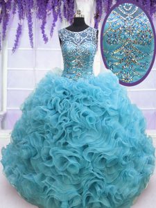 Square Sleeveless Beading and Ruffles Lace Up 15th Birthday Dress with Baby Blue