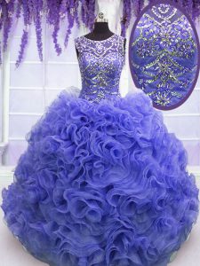Fashion Scoop Purple Sleeveless Beading and Ruffles Floor Length Sweet 16 Dress