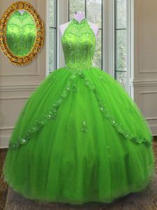 Halter Top Sleeveless Tulle Quinceanera Dress Beading and Appliques Lace Up