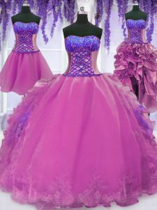 Luxurious Four Piece Floor Length Lilac Sweet 16 Dresses Organza Sleeveless Appliques and Embroidery