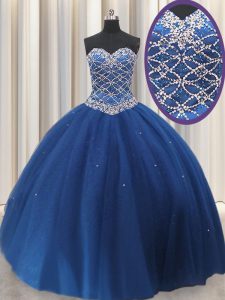 Royal Blue Sweetheart Lace Up Beading and Sequins Ball Gown Prom Dress Sleeveless