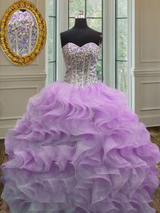 Lilac Ball Gowns Beading and Ruffles Sweet 16 Dress Lace Up Organza Sleeveless Floor Length
