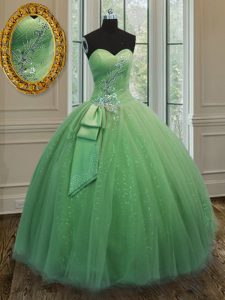 Sweet Sleeveless Floor Length Beading and Ruching and Bowknot Lace Up Sweet 16 Quinceanera Dress with Yellow Green