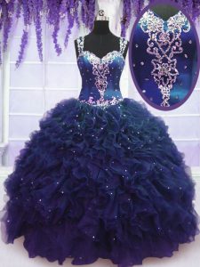 Navy Blue Ball Gowns Tulle Straps Sleeveless Beading and Ruffles Floor Length Zipper Ball Gown Prom Dress