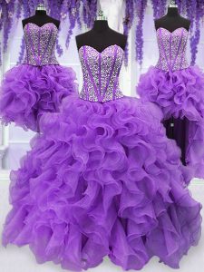 Best Selling Four Piece Sleeveless Lace Up Floor Length Ruffles and Sequins Quince Ball Gowns
