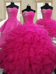 Designer Four Piece Hot Pink Organza Zipper Quinceanera Gown Sleeveless Floor Length Beading