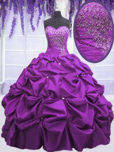 Hot Selling Purple Sleeveless Appliques and Pick Ups Floor Length 15 Quinceanera Dress