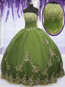 Sleeveless Floor Length Appliques Zipper Ball Gown Prom Dress with Olive Green