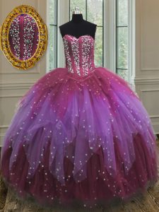 Trendy Multi-color Sleeveless Floor Length Beading and Ruffles and Sequins Lace Up Quince Ball Gowns