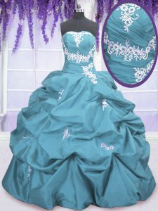 Fancy Teal Lace Up Strapless Appliques and Pick Ups Quinceanera Gown Taffeta Sleeveless