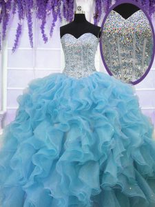 Inexpensive Sequins Ball Gowns 15 Quinceanera Dress Baby Blue Sweetheart Organza Sleeveless Floor Length Lace Up