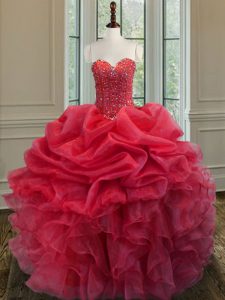 Ball Gowns Quince Ball Gowns Coral Red Sweetheart Organza Sleeveless Floor Length Lace Up