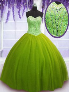 Olive Green Tulle Lace Up Sweetheart Sleeveless Floor Length 15 Quinceanera Dress Beading