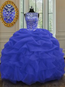 Organza Scoop Sleeveless Lace Up Beading and Pick Ups Quince Ball Gowns in Blue