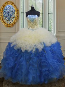 Dynamic Blue And White Sleeveless Organza Lace Up Sweet 16 Dresses for Military Ball and Sweet 16 and Quinceanera