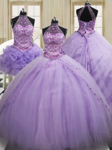 Three Piece Halter Top Lavender Sweet 16 Quinceanera Dress Tulle Brush Train Sleeveless Sequins