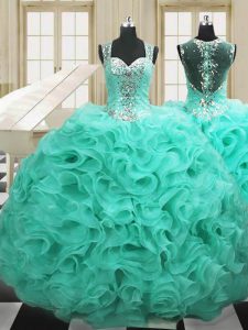 Latest Straps Floor Length Lace Up Sweet 16 Dress Apple Green for Military Ball and Sweet 16 and Quinceanera with Beading and Ruffles
