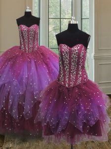 Three Piece Sleeveless Floor Length Beading and Ruffles and Sequins Lace Up Ball Gown Prom Dress with Multi-color