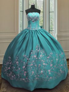 Teal Strapless Neckline Embroidery 15 Quinceanera Dress Sleeveless Lace Up