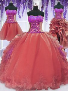 Four Piece Floor Length Lace Up Sweet 16 Quinceanera Dress Watermelon Red for Military Ball and Sweet 16 and Quinceanera with Embroidery and Ruffles