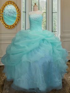 Sophisticated Aqua Blue Lace Up Strapless Embroidery and Pick Ups Sweet 16 Dress Organza Sleeveless