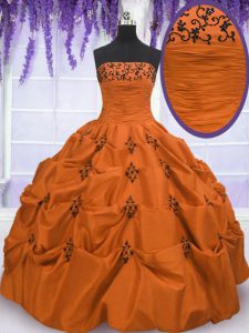 Orange Red Taffeta Lace Up Strapless Sleeveless Floor Length Quinceanera Dresses Embroidery and Pick Ups