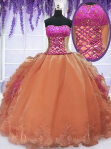 Elegant Strapless Sleeveless Quinceanera Gowns Floor Length Embroidery and Ruffles Orange Organza