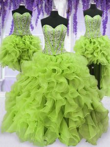 Stylish Four Piece Yellow Green Ball Gowns Sweetheart Sleeveless Organza Floor Length Lace Up Beading and Ruffles Sweet 16 Dresses