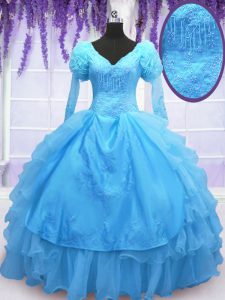 Baby Blue Ball Gowns Organza V-neck Long Sleeves Beading and Embroidery and Hand Made Flower Floor Length Lace Up Sweet 16 Quinceanera Dress