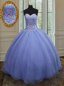 Sleeveless Organza Floor Length Lace Up Quinceanera Gown in Lavender with Beading