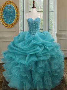 Beading and Ruffles Sweet 16 Dress Aqua Blue Lace Up Sleeveless Floor Length