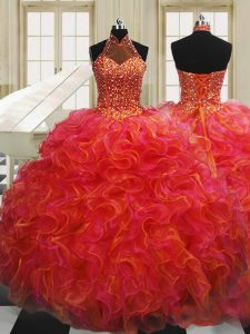 Multi-color Lace Up Halter Top Beading and Ruffles Quince Ball Gowns Organza Sleeveless