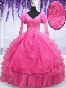 Flirting Hot Pink Organza Lace Up V-neck Long Sleeves Floor Length Sweet 16 Dresses Beading and Embroidery and Hand Made Flower