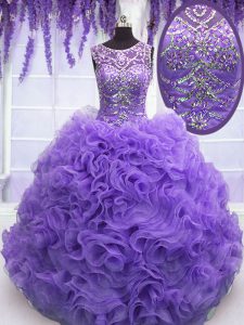 Scoop Lavender Organza Lace Up Vestidos de Quinceanera Sleeveless Floor Length Beading and Ruffles