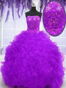 Fabulous Sleeveless Brush Train Lace Up With Train Beading and Appliques and Ruffles Ball Gown Prom Dress