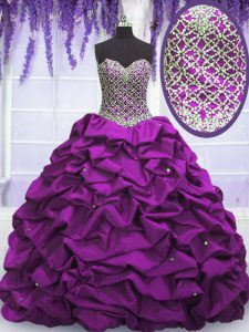 Edgy Purple Quinceanera Dress Military Ball and Sweet 16 and Quinceanera with Beading and Sequins and Pick Ups Sweetheart Sleeveless Lace Up