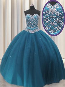 Chic Floor Length Teal Quinceanera Dresses Tulle Sleeveless Beading and Sequins