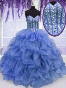 Cheap Floor Length Blue Sweet 16 Dresses Organza Sleeveless Beading and Ruffles
