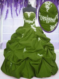 Ideal Olive Green Sleeveless Appliques and Pick Ups Floor Length Ball Gown Prom Dress
