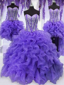Flare Four Piece Sleeveless Lace Up Floor Length Embroidery and Ruffles and Ruffled Layers and Sashes ribbons 15 Quinceanera Dress