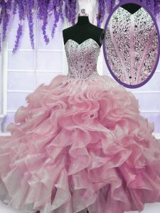 Extravagant Sleeveless Organza Floor Length Lace Up Quinceanera Dress in Rose Pink with Beading and Ruffles